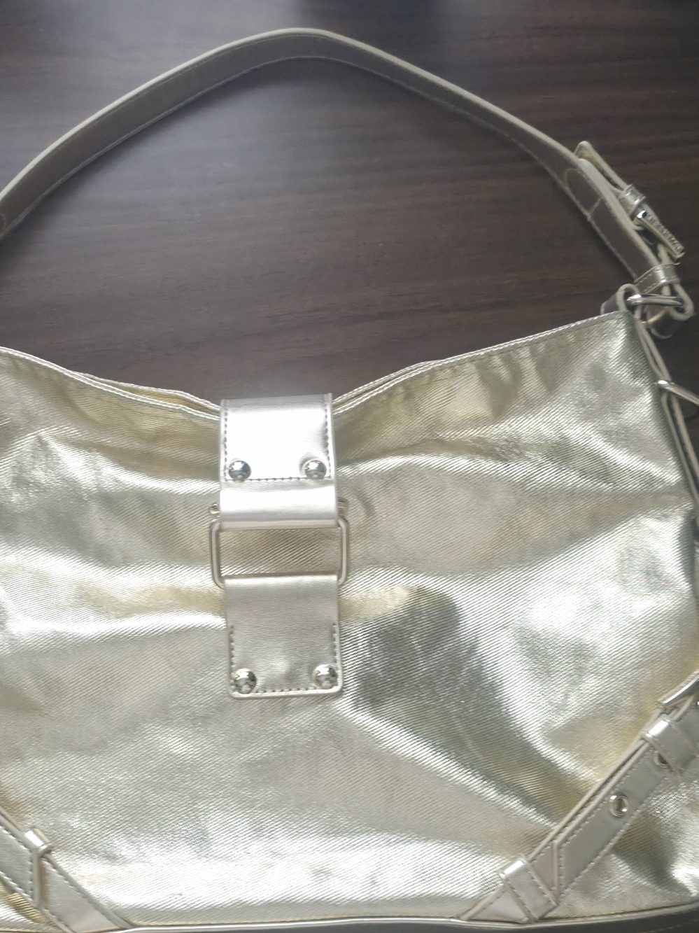 Steve Madden Metallic Silver Shoulder Bag with Buckle Detail